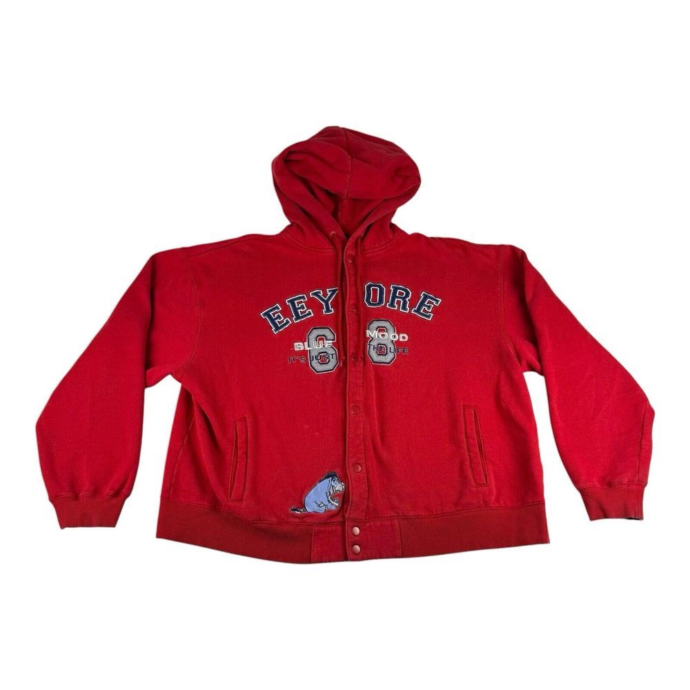 Disney Store Women's Eeyore Embroidered Hooded Varsity‎ Jacket XL Red Vintage
